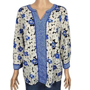Talbots Women's Electric Blue Floral Pattern 3/4 Sleeve Tunic Blouse Size L